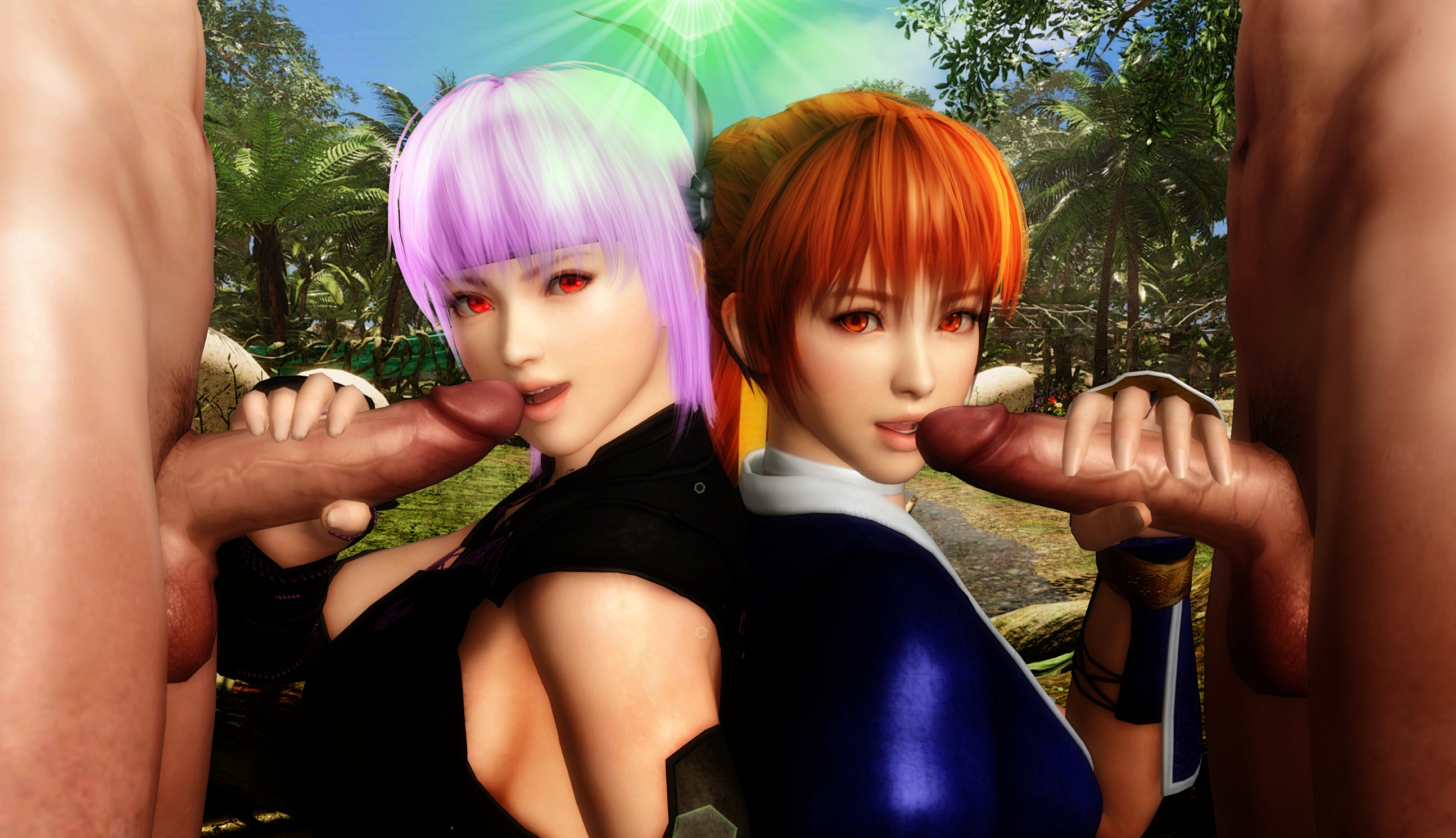 Image 46 - Ayane et Kasumi dos à dos, chacune en train de sucer un sexe